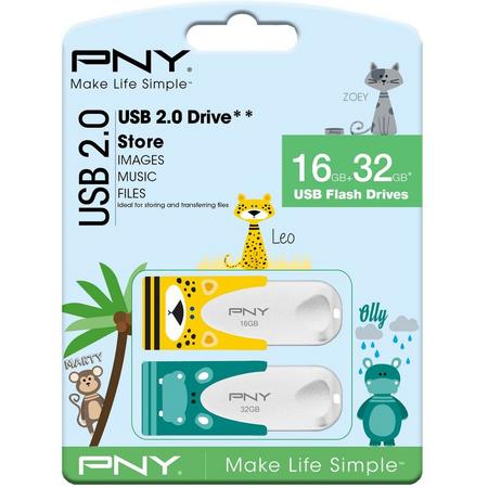 PNY Animals Design 2-pack USB stick met 1x16GB, 1x32GB, USB 2.0