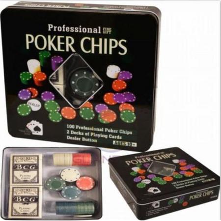 Pokerset  met 2 x spel kaarten 1 x dealer button 100 chips / professional poker chips