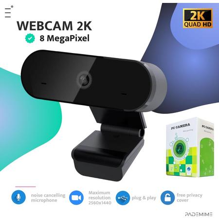 Pademime-2K Webcam voor PC met gratis privacy cover-Webcam met ingebouwde microfoon-High Resolution webcam