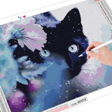 Diamond Painting - Zwarte kat met bloem - Diamond Painting Volwassenen kinderen - thema dieren - 20 x 25