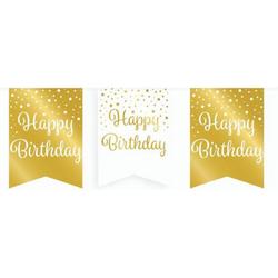 Vlaggetjesslinger - Happy Birthday - wit en goud