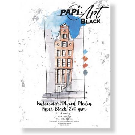 (Art.no. 364330) PapiArt 150x210 mm 270 grs. Black Aquarel/Mixed Media Black 63-90 15 vel