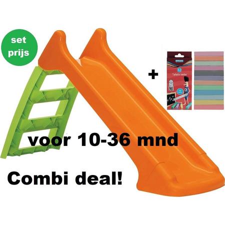 Paradiso Toys - glijbaan met sproeifunctie - First Slide - waterglijbaan. Met extra doosje bordkrijt in 12 kleuren. Combi deal.