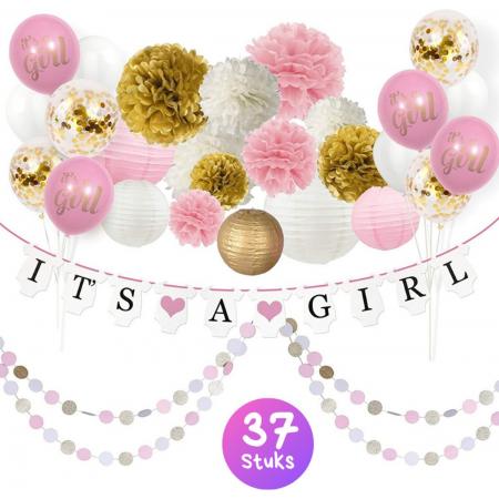Babyshower versiering roze en goud decoraties - baby shower girl artikelen - decoratie feest pakket voor geboorte meisje