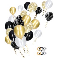 Partizzle 50x Ballonnen Zwart, Goud & Wit - Helium Geschikt - Papieren Confetti - Ballonnenboog Versiering - Latex