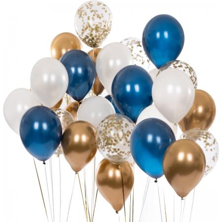 Partizzle 50x Wit Goud en Blauw Latex Ballonnen - Papieren Confetti - Ballonnenboog Versiering - Verjaardag Abraham Sarah - Bruiloft Decoratie - Helium Geschikt