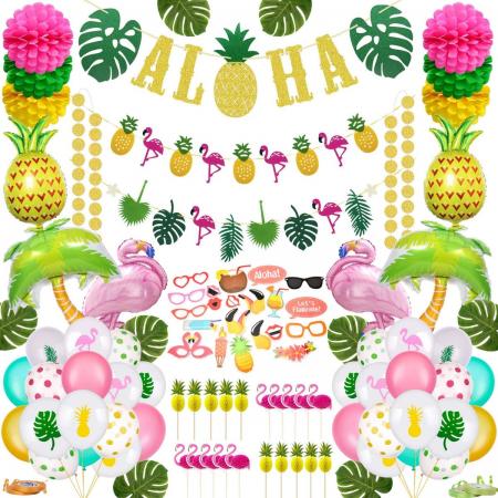 Partizzle® Hawaii Tropical Party Decoratie Versiering - Flamingo Slinger en Prikkers - Foto props & Helium Ballonnen - Zomer Feest