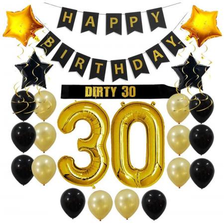Verjaardag versiering 30 jaar - man en vrouw - black and gold happy birthday - party decoraties met folie ballon - gouden ballonnen feestversiering - zwart en goud decoratie feest set