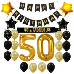 Verjaardag versiering 50 jaar - zwart en goud decoratie feest set - black and gold happy birthday - party decoraties met folie ballon - gouden ballonnen - man en vrouw - Sarah en Abraham