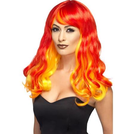 Duivel pruik - Vlammen haar - Duivelin - Oranje-rood-geel haren