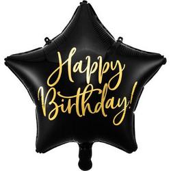 Folieballon ster Happy Birthday! zwart en metallic goud, doorsnee 40cm