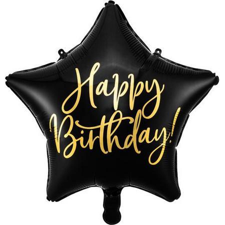 Folieballon ster Happy Birthday! zwart en metallic goud, doorsnee 40cm