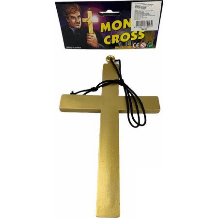 Gouden monnik kruis met koord / Priester kruis kunststof 23 cm