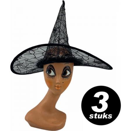 Halloween Zwarte spinnen heksenhoed voor volwassenen – VOORDEELSET 3 stuks