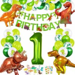 PartyPakket® - Dino Versieren Verjaardag -  Dino Ballonnen - Dino Slingers - All-in-one Feestpakket- 1 Jaar Ballonnen - Hoera 1 Jaar - Dinosaurus - Kinderfeestje Verjaardag