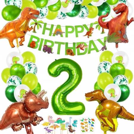 PartyPakket® - Dino Versieren Verjaardag -  Dino Ballonnen - Dino Slingers - All-in-one Feestpakket- 2 Jaar Ballonnen - Hoera 2 Jaar - Dinosaurus - Kinderfeestje Verjaardag