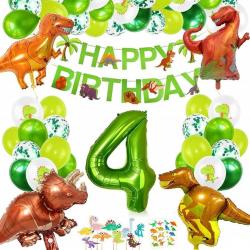 PartyPakket® - Dino Versieren Verjaardag -  Dino Ballonnen - Dino Slingers - All-in-one Feestpakket- 4 Jaar Ballonnen - Hoera 4 Jaar - Dinosaurus - Kinderfeestje Verjaardag
