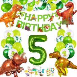 PartyPakket® - Dino Versieren Verjaardag -  Dino Ballonnen - Dino Slingers - All-in-one Feestpakket- 5 Jaar Ballonnen - Hoera 5 Jaar - Dinosaurus - Kinderfeestje Verjaardag