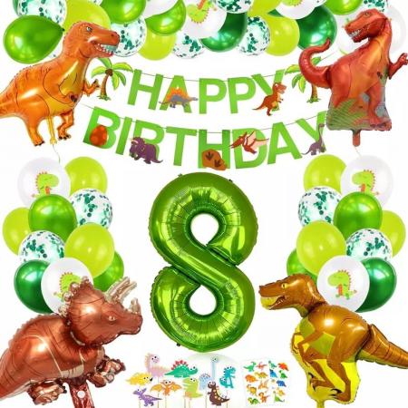 PartyPakket® - Dino Versieren Verjaardag -  Dino Ballonnen - Dino Slingers - All-in-one Feestpakket- 8 Jaar Ballonnen - Hoera 8 Jaar - Dinosaurus - Kinderfeestje Verjaardag