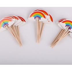  - 24 Stuks Cupcake Prikkers Regenboog Met Wolken - Taartversiering - Verjaardag - Uitdelen - Kinderfeestje