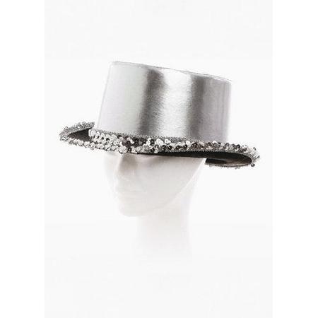Hoge hoed lamee met paillettenband zilver
