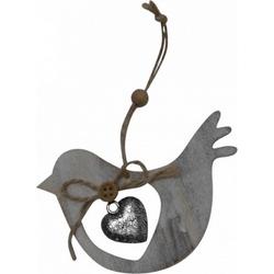 hangfiguur vogel 10 x 15 cm hout/staal grijs/zilver/bruin