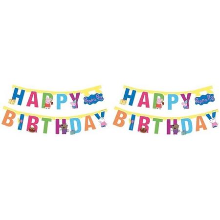 2x Peppa Pig themafeest wenslijn/letterslinger Happy Birthday 140 cm - Thema feest slinger voor kinderfeestje/verjaardag