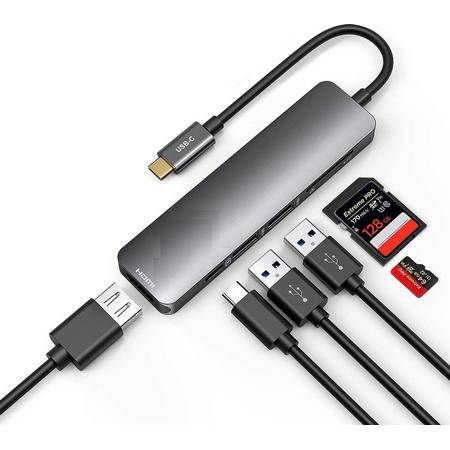 6 in 1 - Aluminium USB C Hub - USB-C Adapter Hub - 4K HDMI - Thunderbolt 3 - Type C Hub SD/Micro SD - Lezer Type C Poort Voor o.a. Apple Macbook / Macbook Pro 2016 / 2017 / 2018 - Space Grey