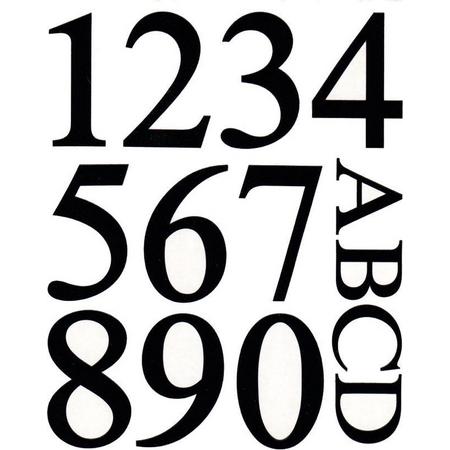 Pickup Brievenbusnummers huisnummers. Glanzend zwart vinyl. 0 t/m 9 A t/m D. Cijfers 45 mm. Letters 22 mm