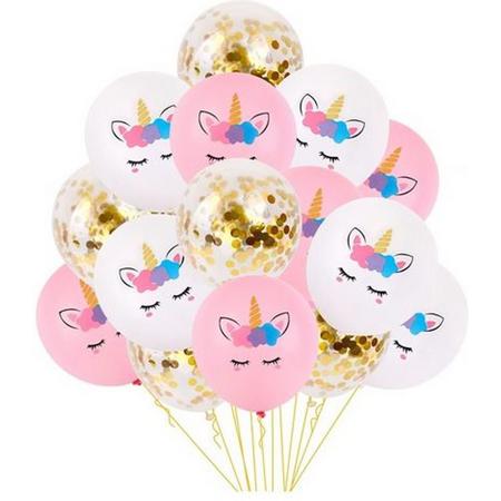 15 stuks Unicorn ballonnen wit - roze - confetti