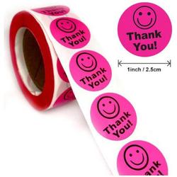 500 stickers op rol Smiley roze Thank You 2,5 cm