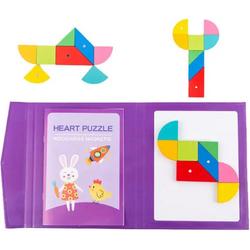 Tangram Puzzel - Hart - Paars - 96 Puzzels - Magneetboek - Houten Puzzel - Vormen Puzzel - Puzzelboek - Reisspel - Reis Speelgoed - Educatief Speelgoed - Ruimtelijk Inzicht - Motorisch Speelgoed - Puzzelboek - Peuters en Kleuters