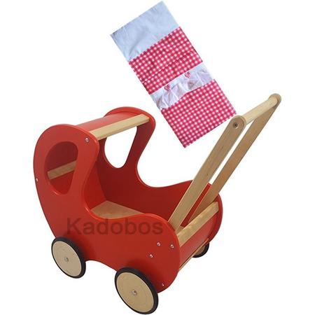 Houten poppenwagen rood met kap klassieke wandelwagen met dekbedje