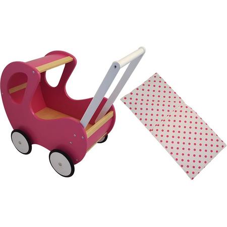Playwood - Houten Poppenwagen fuchsia klassiek met kap - inclusief dekje wit met roze stippen