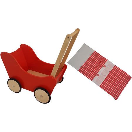 Playwood - Houten Poppenwagen rood - inclusief dekje rode ruitjes
