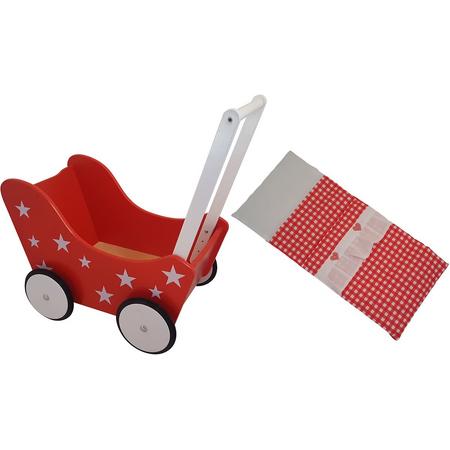 Playwood - Houten Poppenwagen rood met witte sterren - inclusief dekje rode ruitjes