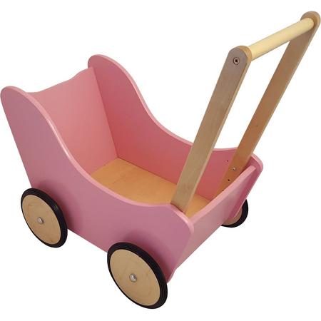 Playwood - Houten Poppenwagen roze met natural wielen