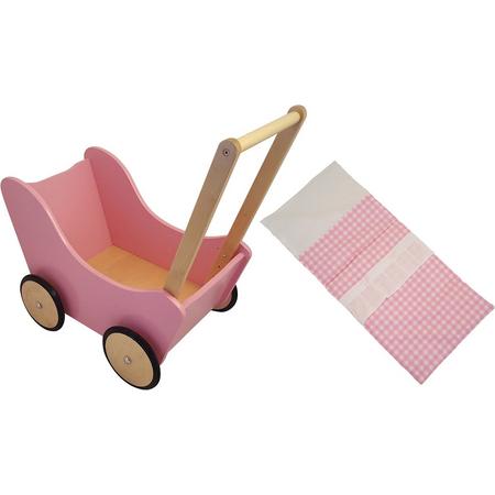 Playwood - Houten Poppenwagen roze met natural wielen- inclusief dekje roze ruitjes