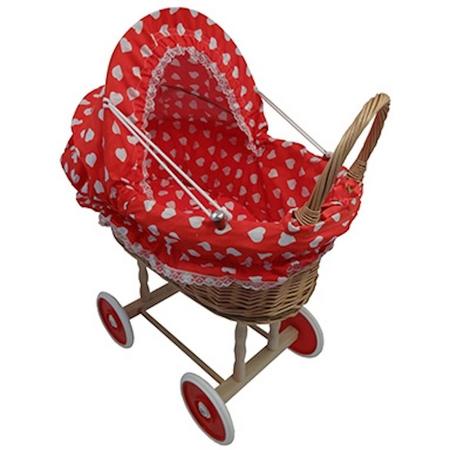 Playwood - Rieten poppenwagen rood met grote hartjes met opvouwbare stoffen kap - Plastic wielen