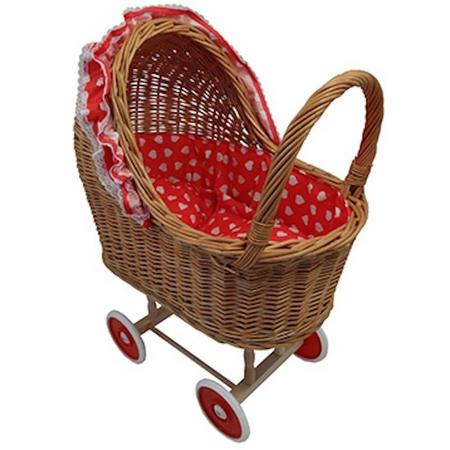 Playwood - Rieten poppenwagen rood met grote hartjes rieten kap - Plastic wielen