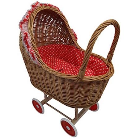 Playwood - Rieten poppenwagen rood met kleine hartjes rieten kap - Plastic wielen