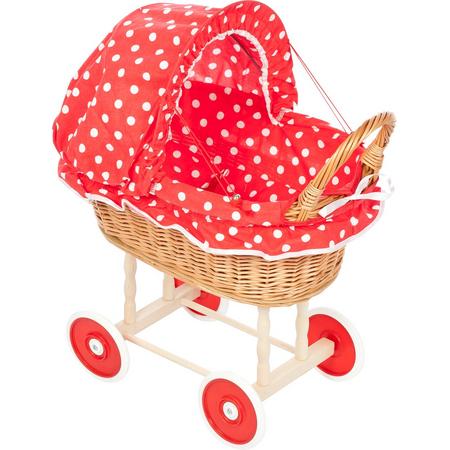 Playwood - Rieten poppenwagen rood met witte stippen met opvouwbare stoffen kap - Plastic wielen