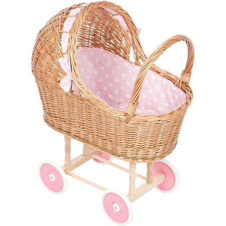 Playwood Rieten Poppenwagen - Roze met witte stippen - Rieten kap - Plastic wielen