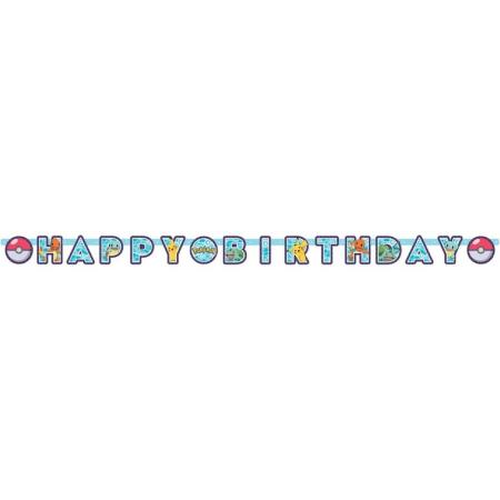 Pokemon themafeest wenslijn/letterslinger Happy Birthday 218 x 12 cm - Thema feest slinger voor kinderfeestje/verjaardag