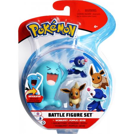 Pokémon – Drie speelfiguren – Popplio 5 cm, Eevee 5 cm & Wobbuffet 8 cm