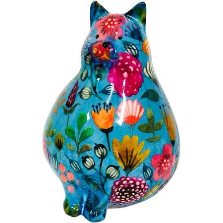 Spaarpot dikke kat/poes blauw met bloemetjes 17 cm porselein - Dieren spaarpotten - Pomme Pidou
