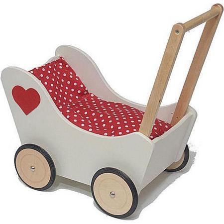 Houten poppenwagen Pipa -  wit met rood hart en dekentje