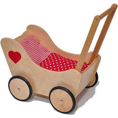 Houten poppenwagen Rozemarie - blank met rood hart, inclusief dekentje