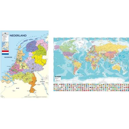 Nederlandkaart en Wereldkaart Large posters duo set 2 kaarten aanbieding 70 x 100 cm.