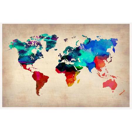 Wereldkaart poster waterverf kleurrijk werelddelen decoratief 60 x 80 cm.